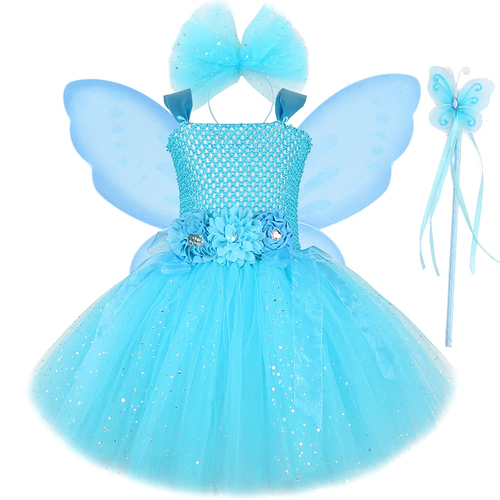 Sparkly Turquoise Blue Fairy Costumes for Girls Halloween Fairies Princess Dresses Tutu Outfit with Butterfly Wings Magic Stick