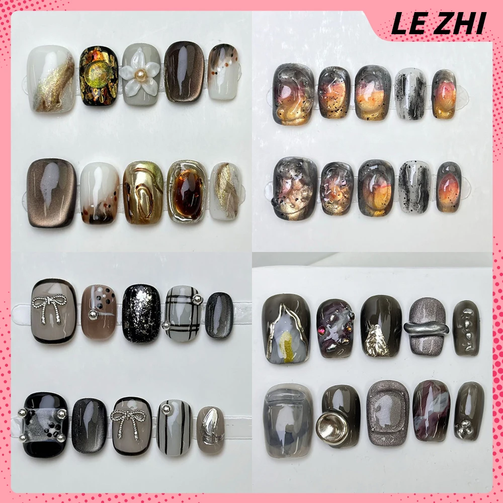 10Pcs Cute Handmade Manicure Short Round Square Shape False Nails Autumn Winter Cat Eye Leopard Print Detachable Fake Nails