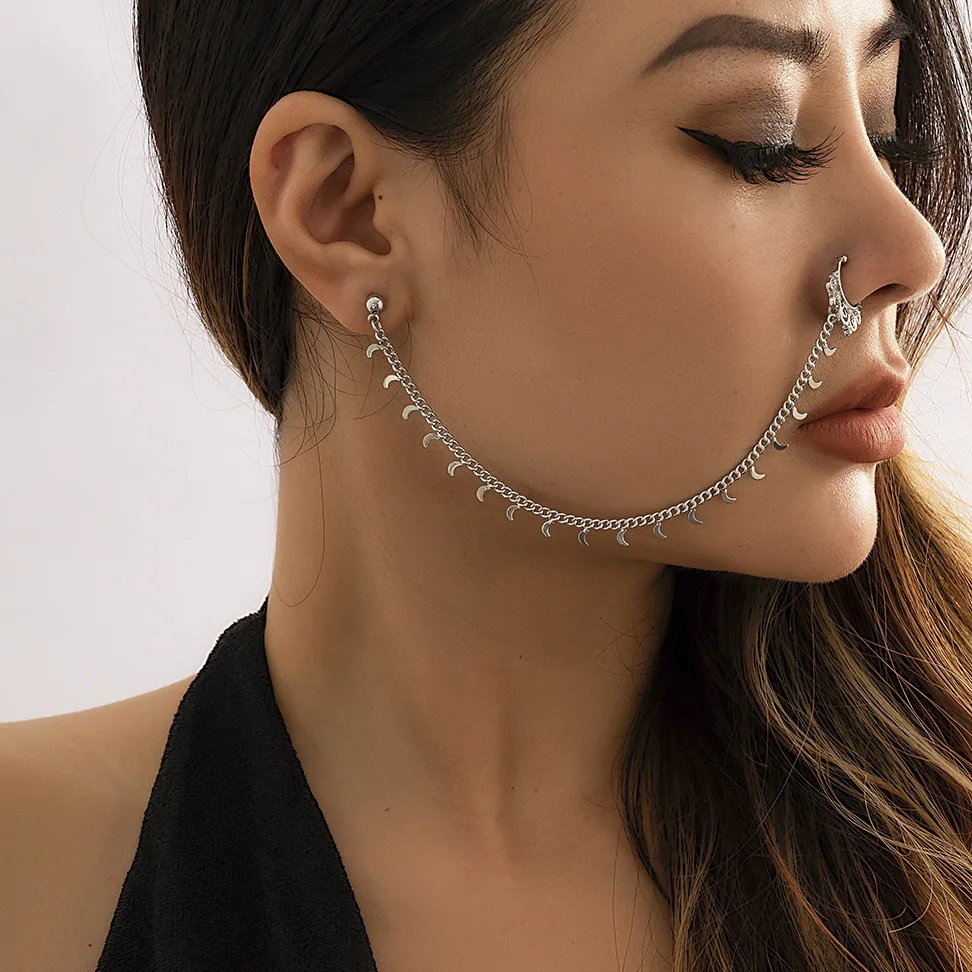 Jewelry, creative ethnic metal earrings, simple moon fringe chain, stud earrings and nose clip integrated chain