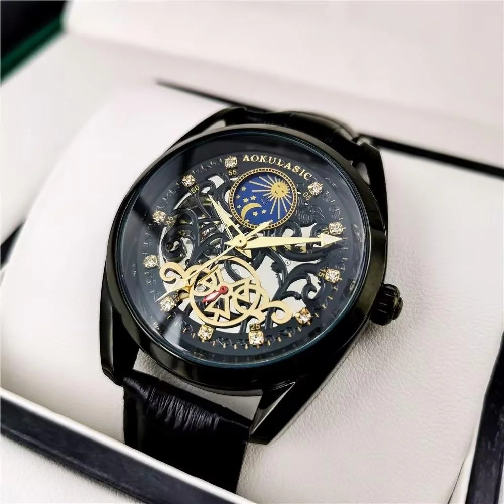 High-End, Stylish, Business-Casual Men's Mechanical Watch, Automatic Winding, Skeleton Design, Round Dial, Leather Strap, Fashionable Accessory, Suitable for Business and Casual Wear, Ideal Gift Choice