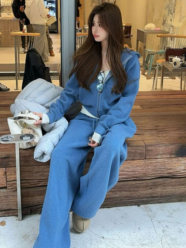 

Blue Casual Sportswear Set Women's Wide Leg Pants Two Piece Suit Spring Fashion Korean Style Breathable Thickened Winter Outfit