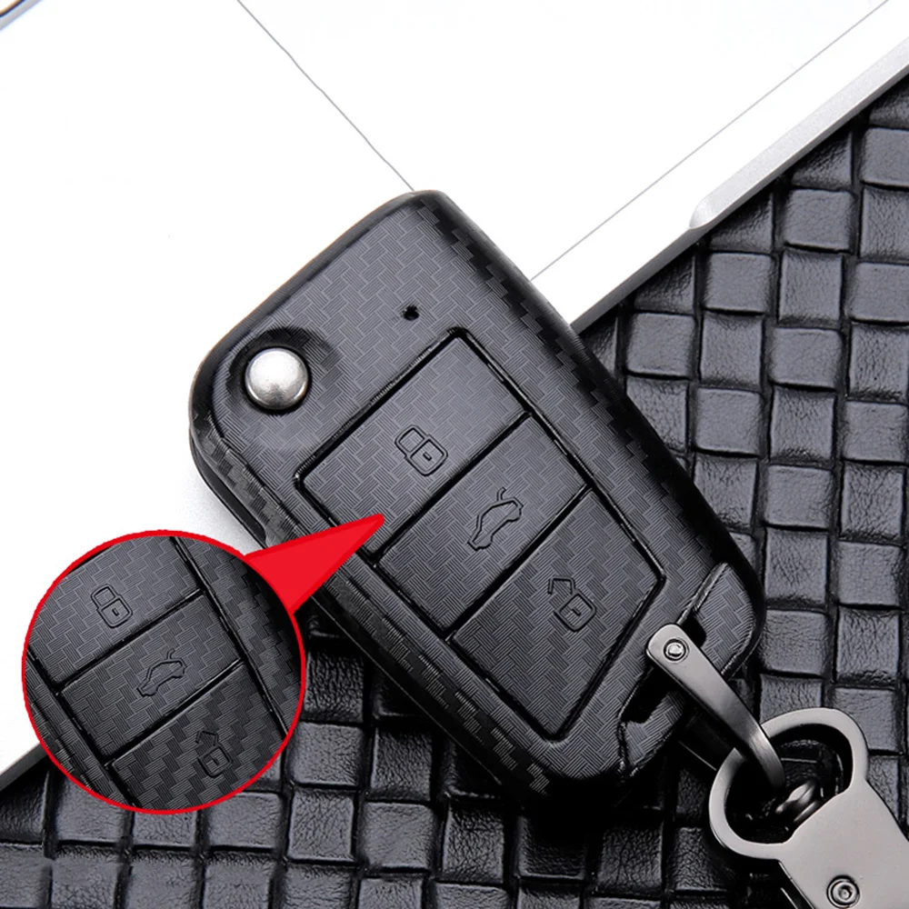Carbon Fiber Style Remote Key Shell Case Fob For VW Polo Golf 7 Tiguan Skoda Octavia Fabia Kodiaq Key Ring Keychain
