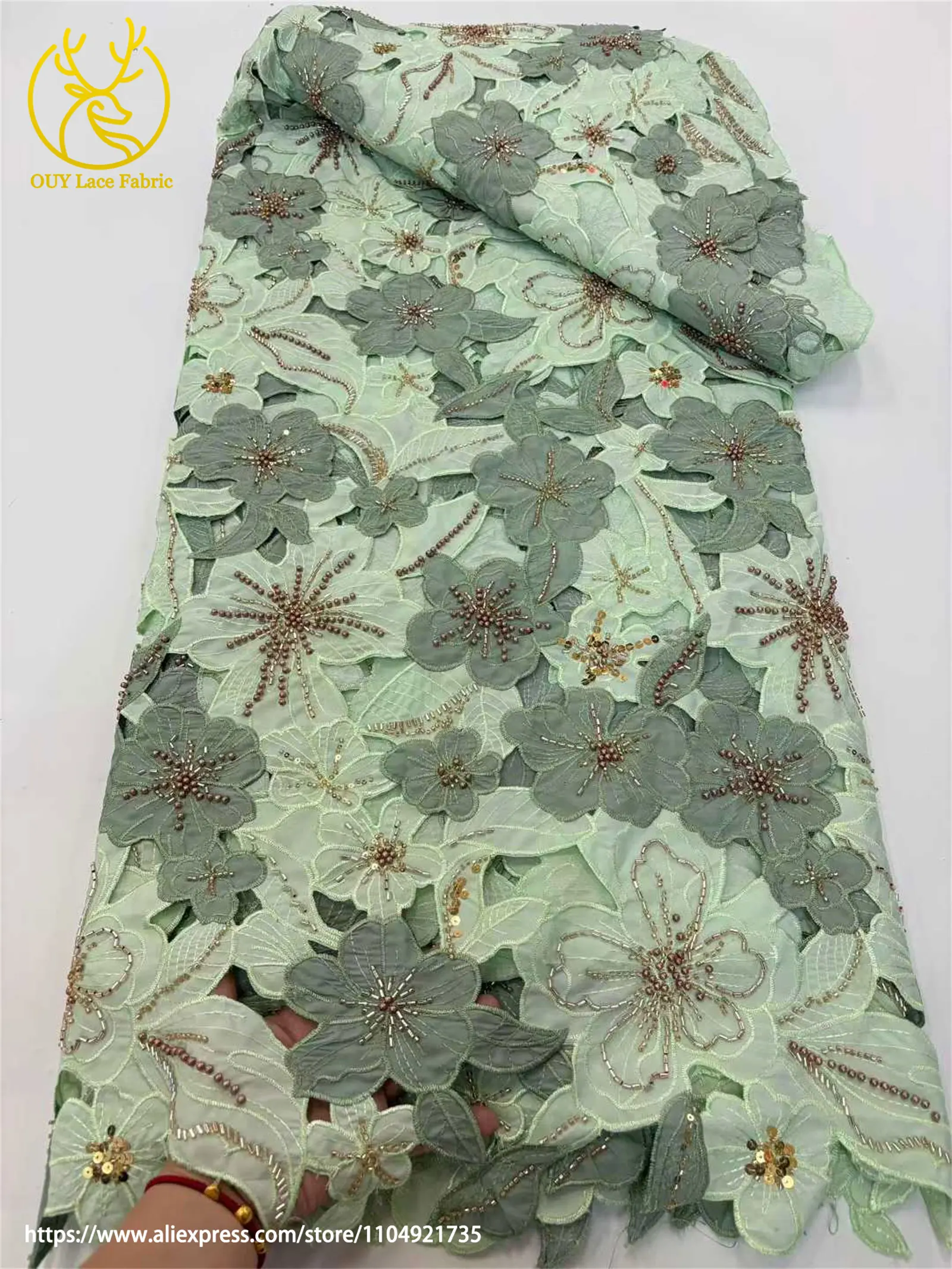 Eleganter Afrikanischer Guipure-Spitzenstoff 2026 Nigerianischer Wasserlöslicher Pailletten-Perlenstoff für Partykleider Damen-Nähzubehör – Detail 16