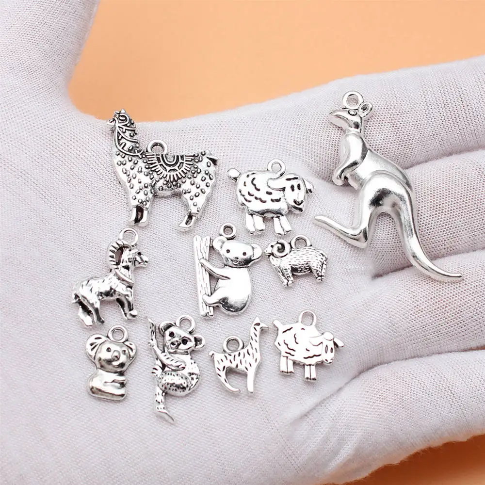 Jewelry Making Antique Silver Color Australian Animal Kangaroo Koala Alpaca Sheep Charms Collection  Items Findings 10pcs