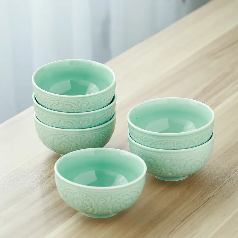 SUSHI CERAMICS Tableware Set, Soup Bowl, Rice Bowl, Glazed Celadon High Legged Bowl（4.5inch 6pcs）