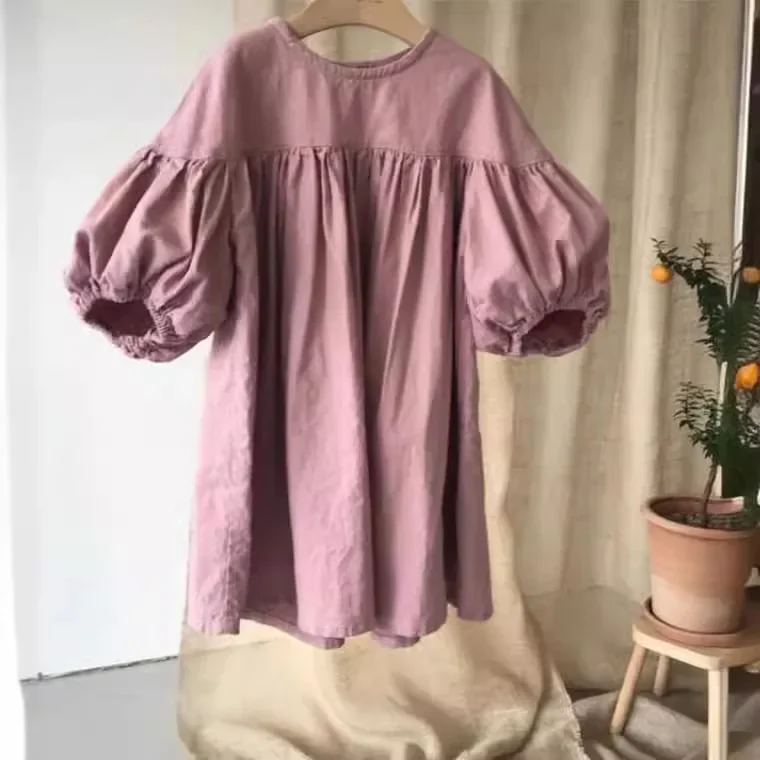 2024 Japanese and Korean Autumn Girls Cotton and Linen Lantern Nine-point Sleeve Small Small Fresh Solid A-line Dress