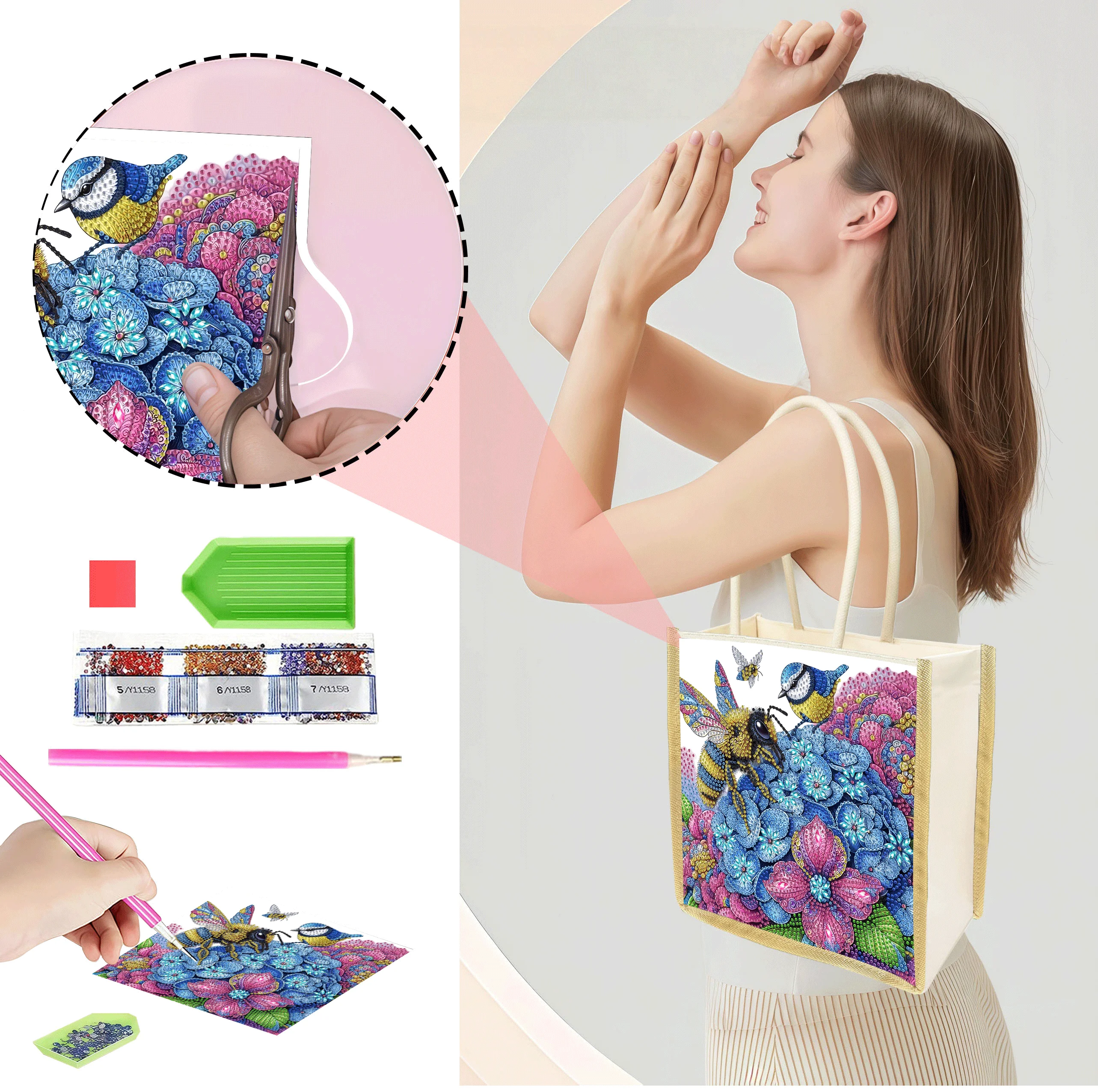 

1 штука - Сумка с ромбовидным узором и изображениями пчел и цветов, легкая и универсальная, идеально подходит для повседневных прогулок.