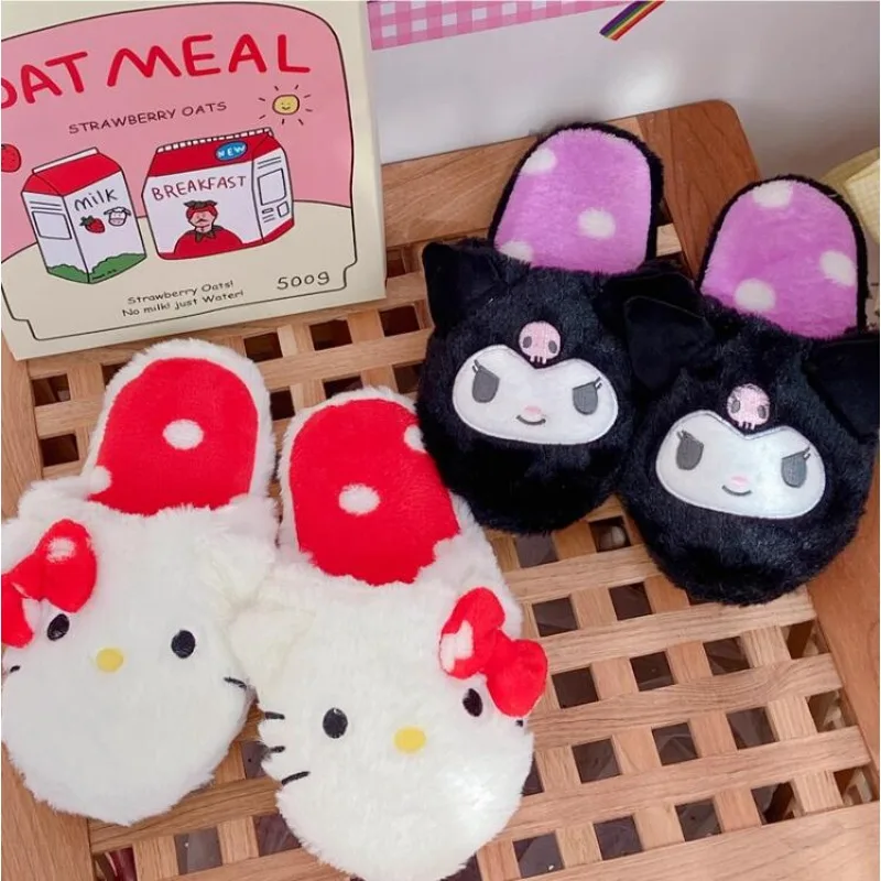 Pantoufles d'intérieur en coton coordonnantes pour femmes et filles, chat mignon Kawaii Kitty, chaussures chaudes à la mode, noir doux, cœur, hiver, nouveau