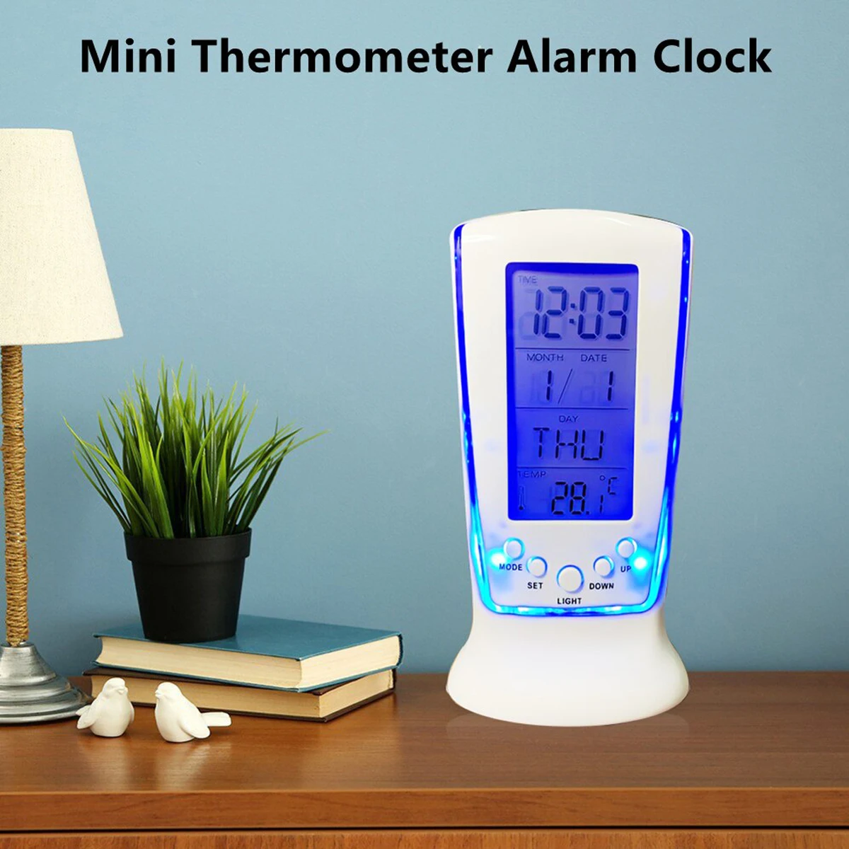 1Pcs White Mini Small Alarm Clock Led Luminous Music Alarm Mute Lazy Electronic Clock with Temperature Alarm Clock