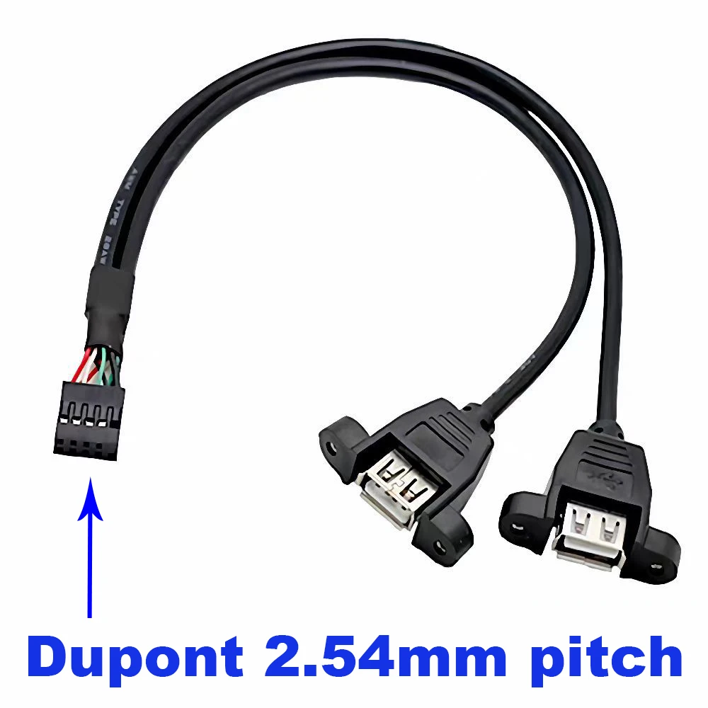 9PIN to USB Cable 9Pin 2.54mm 2.0mm to Dual USB2.0 A Female Plug Converter with Screw Hole Lock Panel for Motherboard Mount Cord