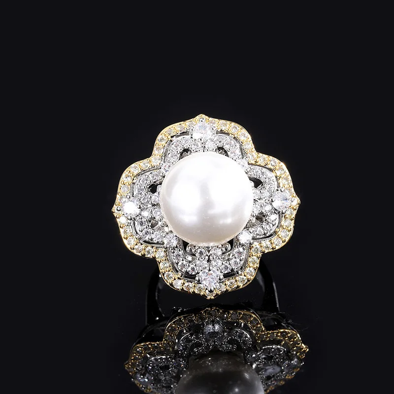 Jewelry inlaid with gold and white shell pearls, light gold color, fashionable diamond-studded ring, electroplated 14mm