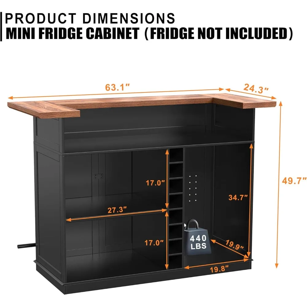 طاولة بار صغيرة مع مساحة ثلاجة وخزانة نبيذ مشروبات على شكل حرف U لتخزين الطابق السفلي أو غرفة المعيشة، 63.1 بوصة