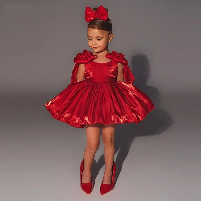 

KLFLGD Luxurious Red Princess Girl Dress with Flower Beads Knee length Children's Wedding, Birthday Party, Ball Dress