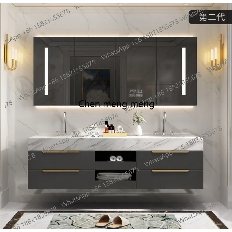 

Modern light luxury bathroom cabinet mirror cabinet combination simple rock slab solid wood, basin