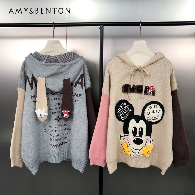 

Корейский стиль, уменьшающий возраст, милый мультяшный вышивка, трикотаж, жаккардовый свитер с цветными блоками для тяжелой промышленности, женский свободный свитер с капюшоном