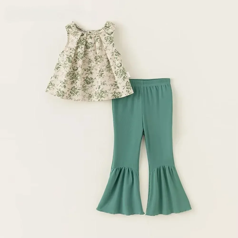 Korean Version Green Sweet Girls Suit Sleeveless Round Neck Print Tops+Bell-bottoms 2Pcs Set Casual Kids Clothes 3-7 Years Wear