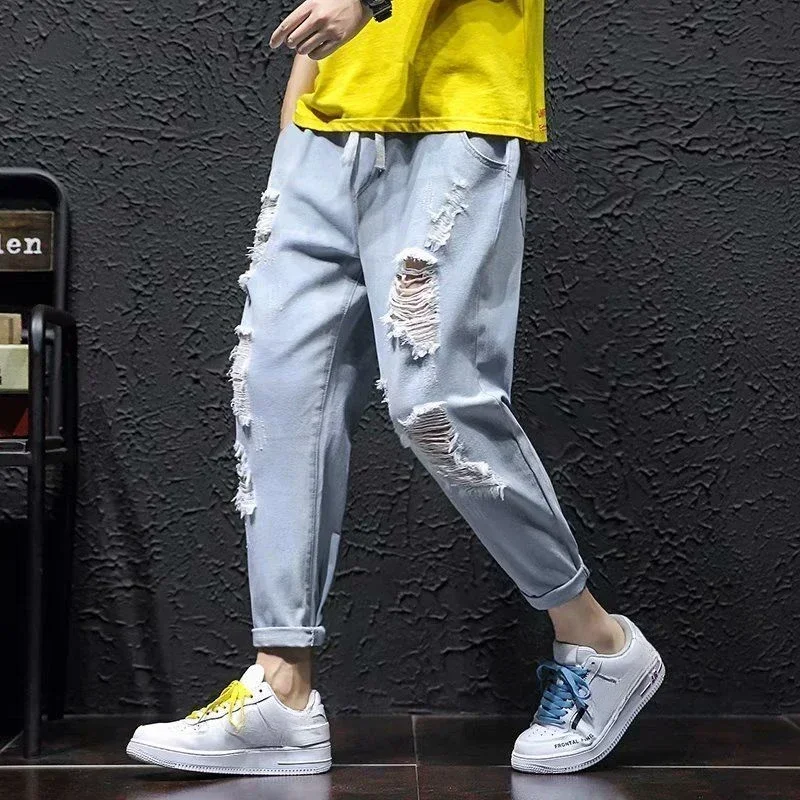 Loose Male Cowboy Pants Cropped Trousers Ripped Broken with Holes Men\'s Jeans Baggy Torn Japanese Street Style Korean 2024 Trend