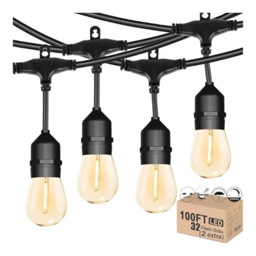 100ft Heavy-Duty S14 String Light - 30 E26 Sockets - 20AWG Wire - 1W Filament LED Bulbs - Warm White 2700K - Outdoor Patio Ligh