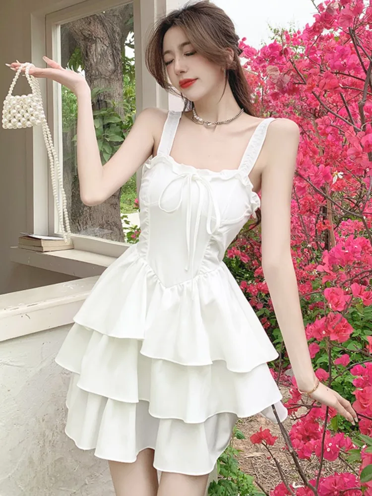 

Y2K Sweet Mini Dress for Women Korean Spaghetti Strap Sleeveless Lace-up Birthday Party Dress Summer Female Slim Waist Vestidos