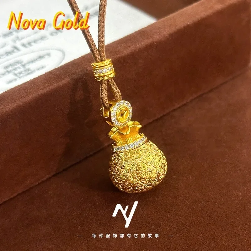 NovaGlod 9999 24K real gold CNC engraved opening and closing diamond copper coin sachet blessing bag pendant light luxury design