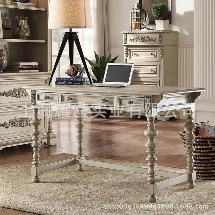 

American solid wood desk custom furniture simple study log oak old engraved student writing desk study table