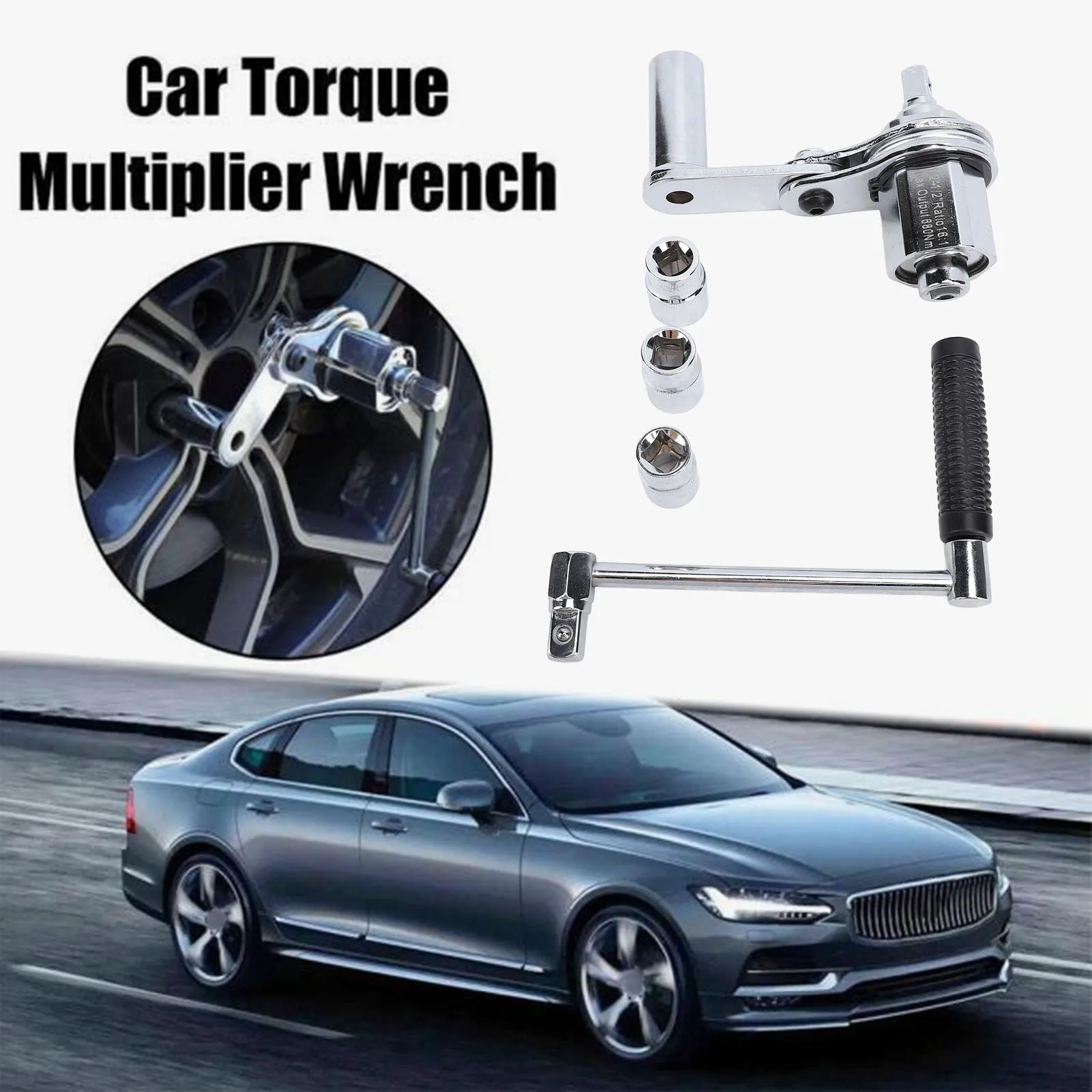 

1/2in Torsion Multiplier Wrench Labor Saving 3200N.M 1:16 Heavy Duty Lug Nut Remover with 17mm 19mm 21mm Sockets