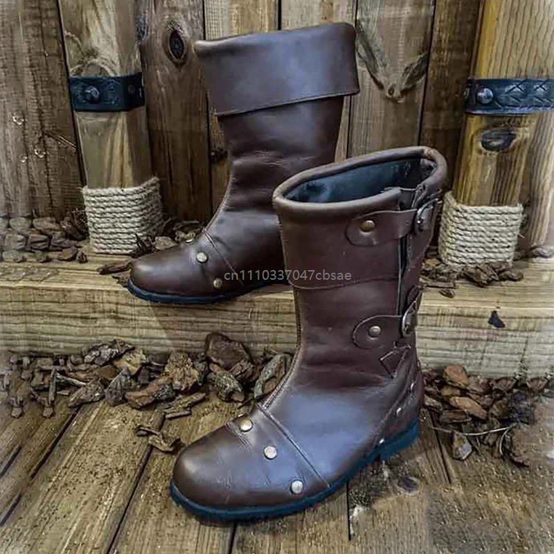 

Men Retro Pu Leather Mid Calf Boots Studded Buckle Details Slouchy Design Shoes Chunky Sole Casual Outdoor Western Boot Footwear