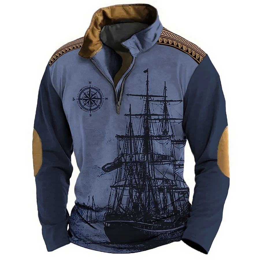 Autumn and Winter Men's Half Zipper Long Sleeve Sportswear Retro Fashion Sailing Adventure 3D Printed Half High Collar Men's Top