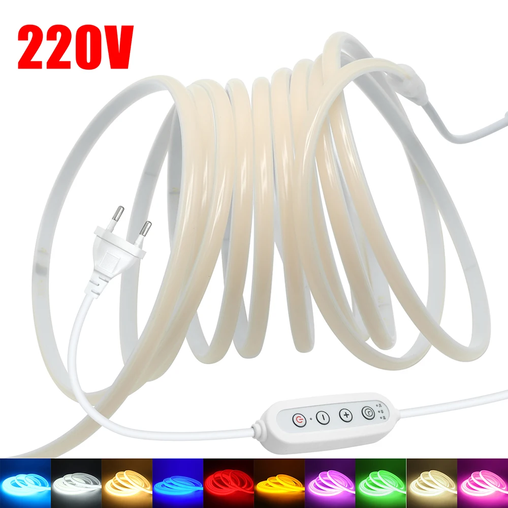 Smart Dimmable COB LED Neon Strip Light 220V with 4 Key Controller 10 Colors IP67 288LED/m for Kitchen Cabinet Bar TV Backlights