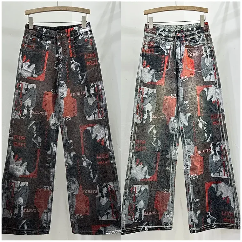 

European and American style 2025 new retro portrait letter hot stamping designer style straight leg wide leg jeans new fashion