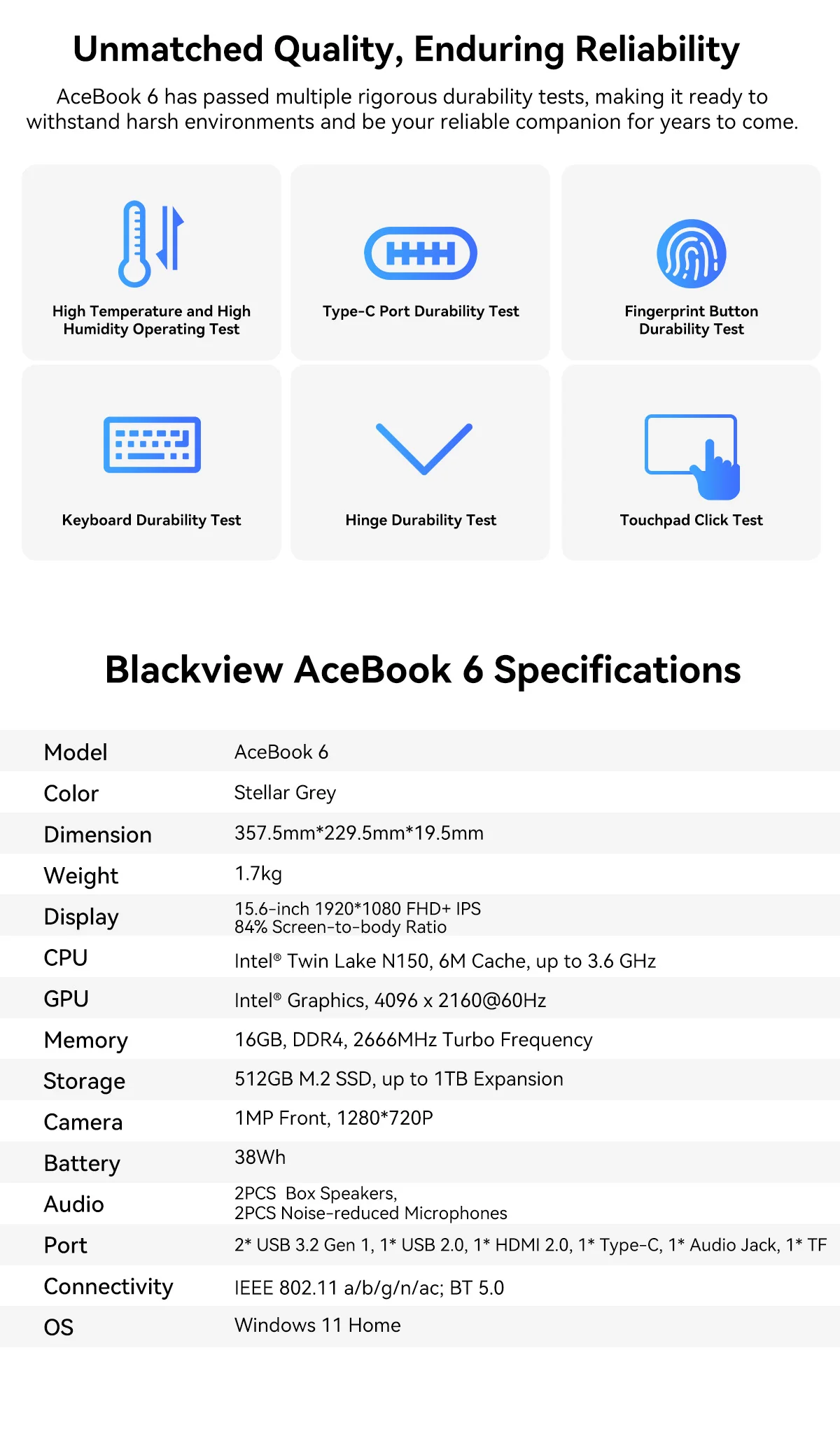 Blackview AceBook 6 Laptop Intel Twin Lake N150 CPU 15.6'' FHD+ IPS Screen 16GB DDR4 512GB SSD 36Wh Battery Windows 11 Notebook