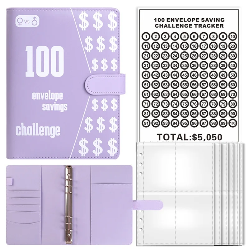 

C9-100 Envelope Challenge Binder, A5 Savings Binder With Cash Envelopes,Budget Binder For Planning And Saving Purple Durable