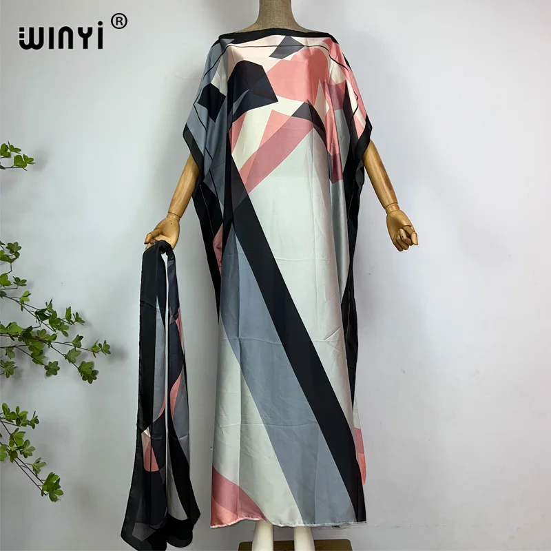 WINYI Africa summer kaftan with belt Women Geometric print Caftan Elegant Holiday summer Maxi silk feeling Bohemian party dress