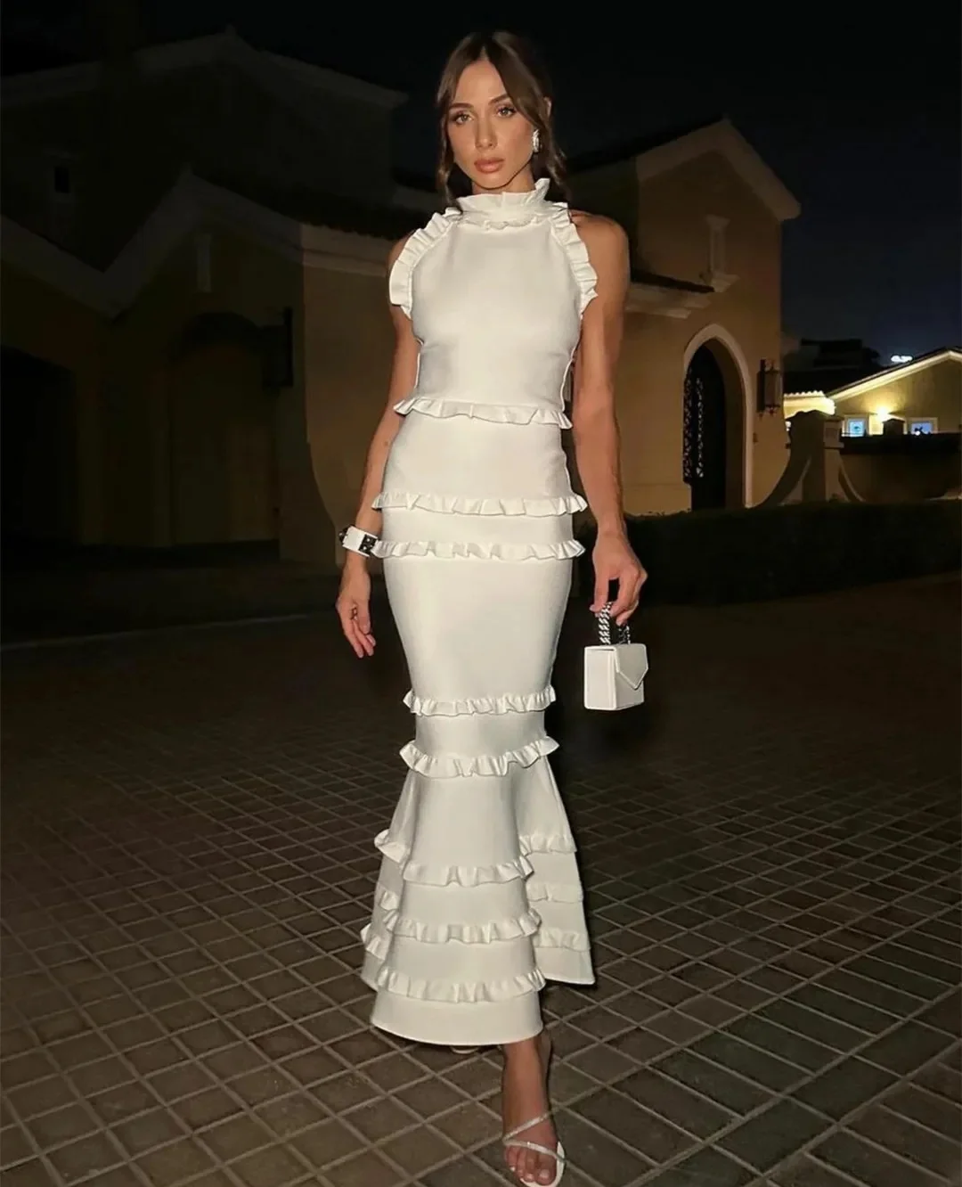 

High Neck White Formal Evening Dress Ruched Pleats Mermaid Ankle-Length Wedding Party Dress 2024 New Summer Long Reception Dress