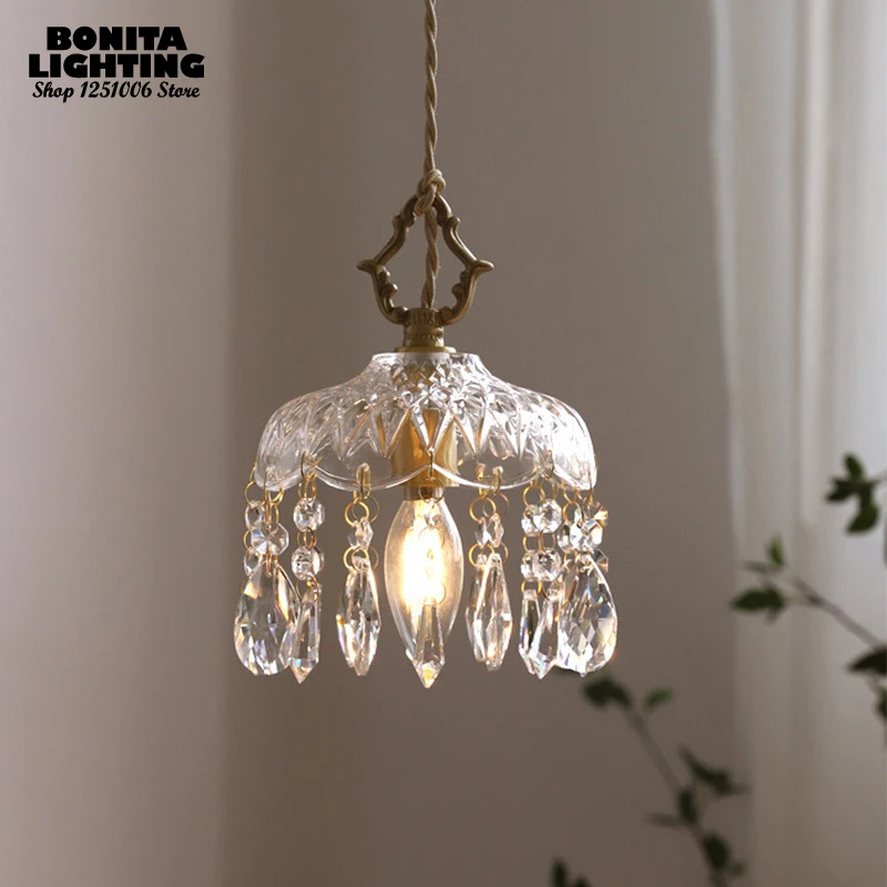 French Retro Brass Crystal Glass Pendant Lamp Luxury Bright Pendant Lighting For Entrance Bedside Bar  Dinning room K9 Crystal