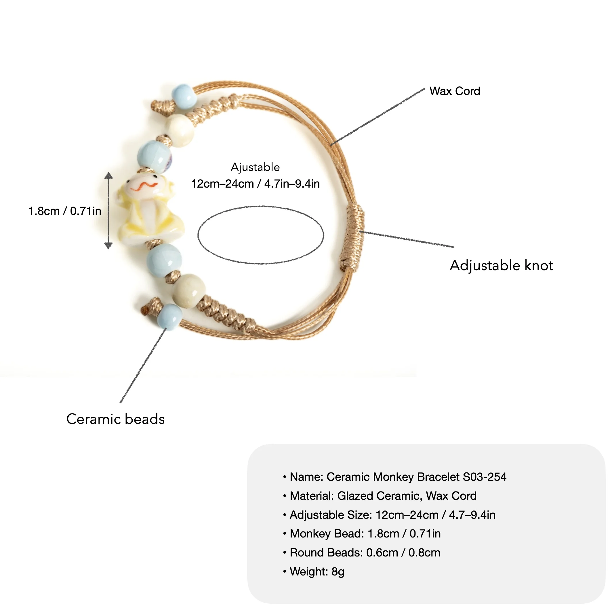 Cartoon Ceramic Monkey Bracelet for Women Handmade Adjustable Cord Colorful Beaded Style S03-254