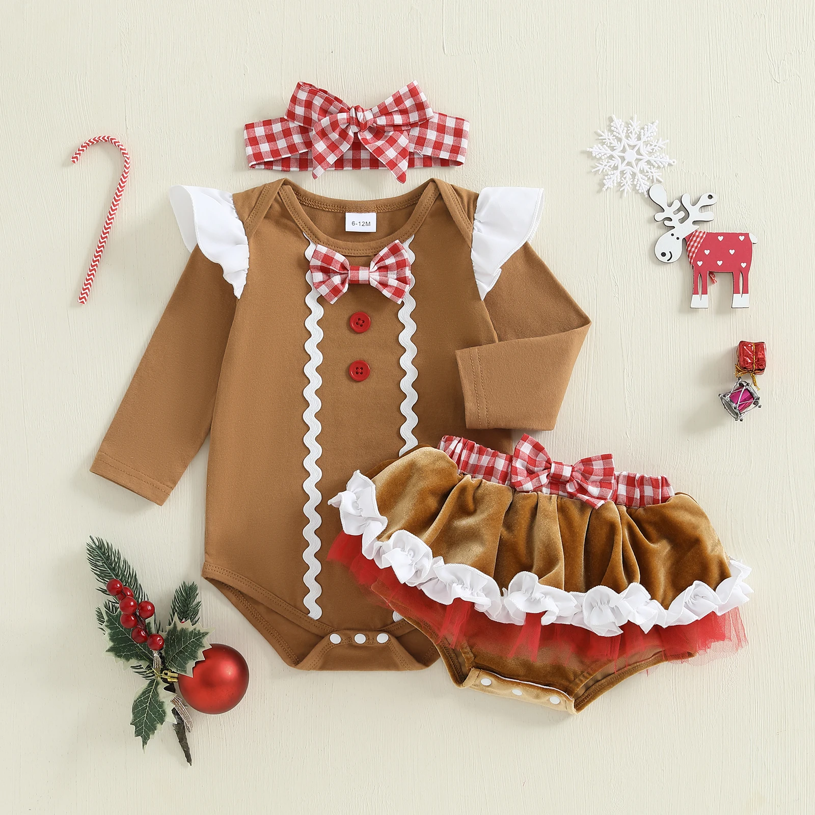 

0-18M Infant Newborn Baby Girl Christmas Outfit Ruffled Trim Button Short Sleeve Romper Mini Shorts and Bow Headband 3Pcs Set