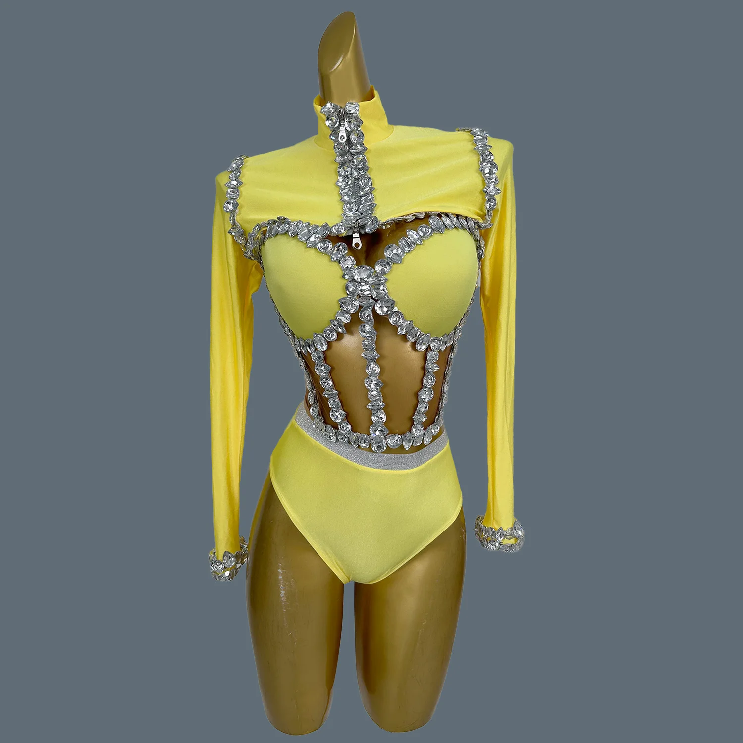 Carnival Spandex Sexy Bodysuit Sparkly Rhinestone Bodycon Crop Tops Briefs 3Pieces Set Nightclub Party Stage Show Outfit Jianmei