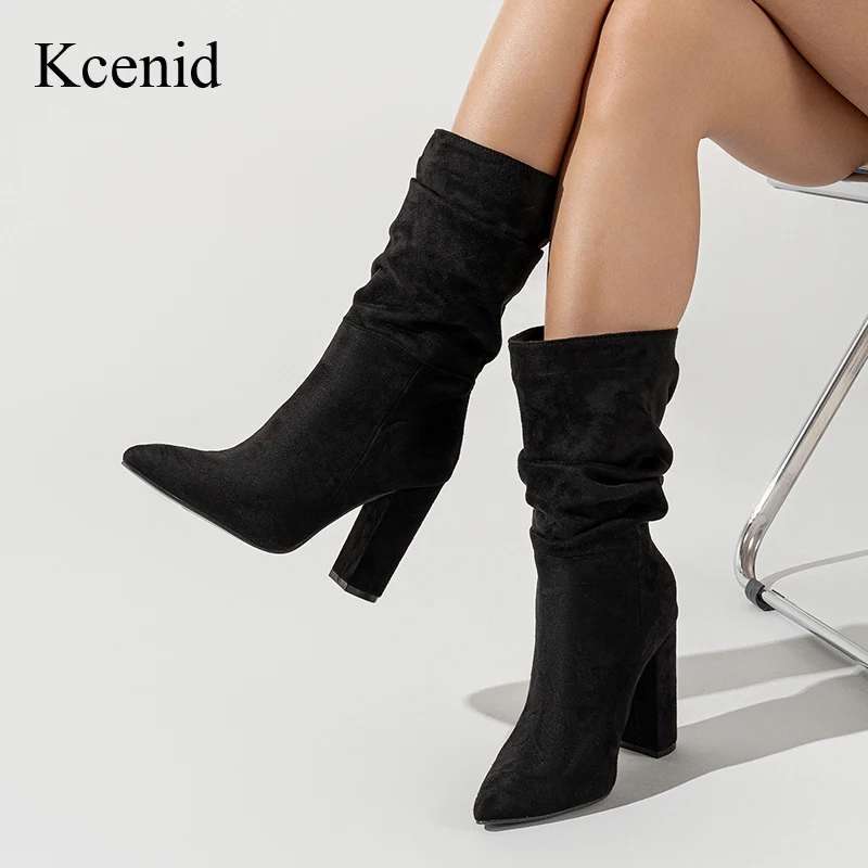 

Kcenid Winter Fashion Pleated Mid Calf Ankle Boots For Women Square Heel Shoes Woman High Heels Pointed Toe Ankle Boots