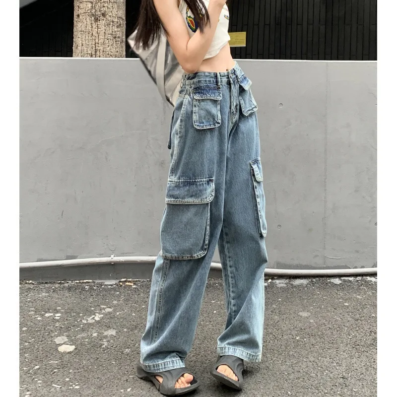 

2024 Women's Workwear Jeans Loose Casual Straight Multi-Pocket Wide-Leg Retro Mopping Jeans