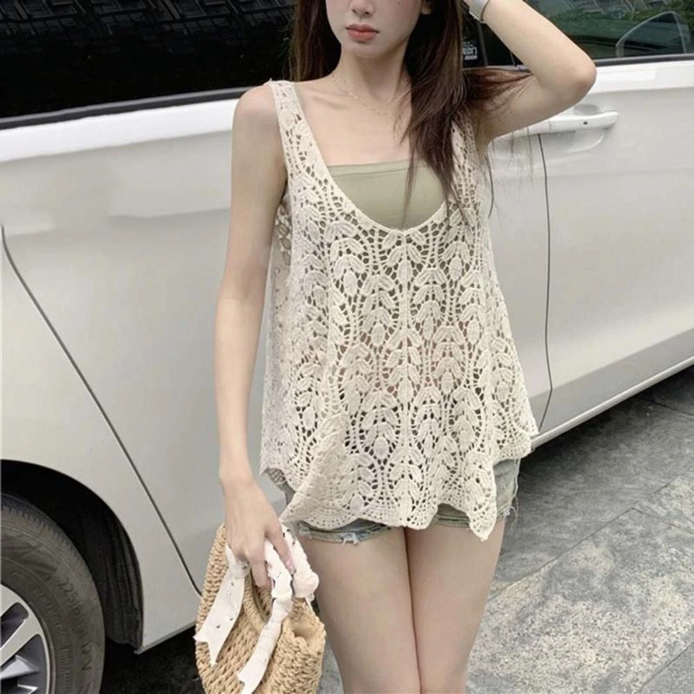 

Leaf Hollow Out Knit T-shirt V-neck Loose Cover Up Crop Top Bohemian Style Pullover Cardigan Sweet Girl's Tank Top Streetwear