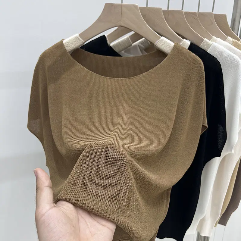 

Thread Solid Color Ice Silk Short-sleeved T-shirt for Summer Simple and Versatile Thin Knitted Top