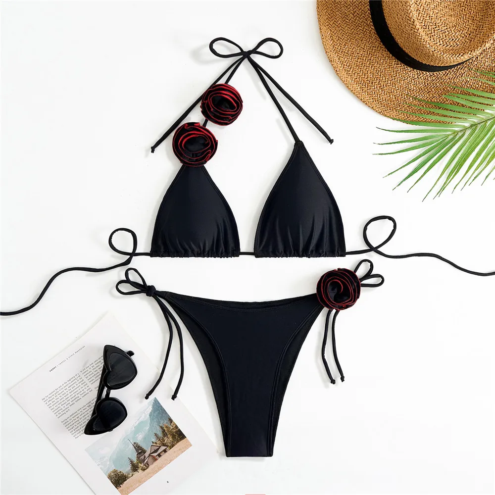 

Sexy 3D Flower Swimsuit String Micro Thong Bikini 2025 Women Holiday Ladies Halter Swimwear Bathing Suit Beach Wear Bikinis Sets