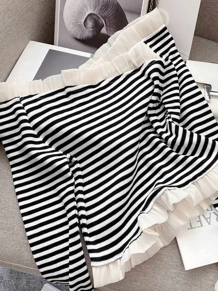 Sweater Women Jumper Slim Slash Neck Pullovers Off Shoulder Knitted Black White Striped Autumn Ruffled Irregular Clothing