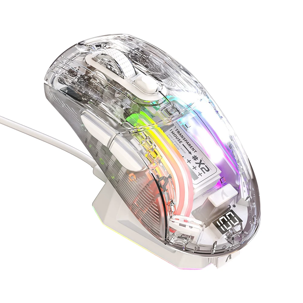 Three-Mode 2.4G Wireless Bluetooth Mouse Transparent Mouse with Charging Dock Power Display RGB Light Emitting Mouse