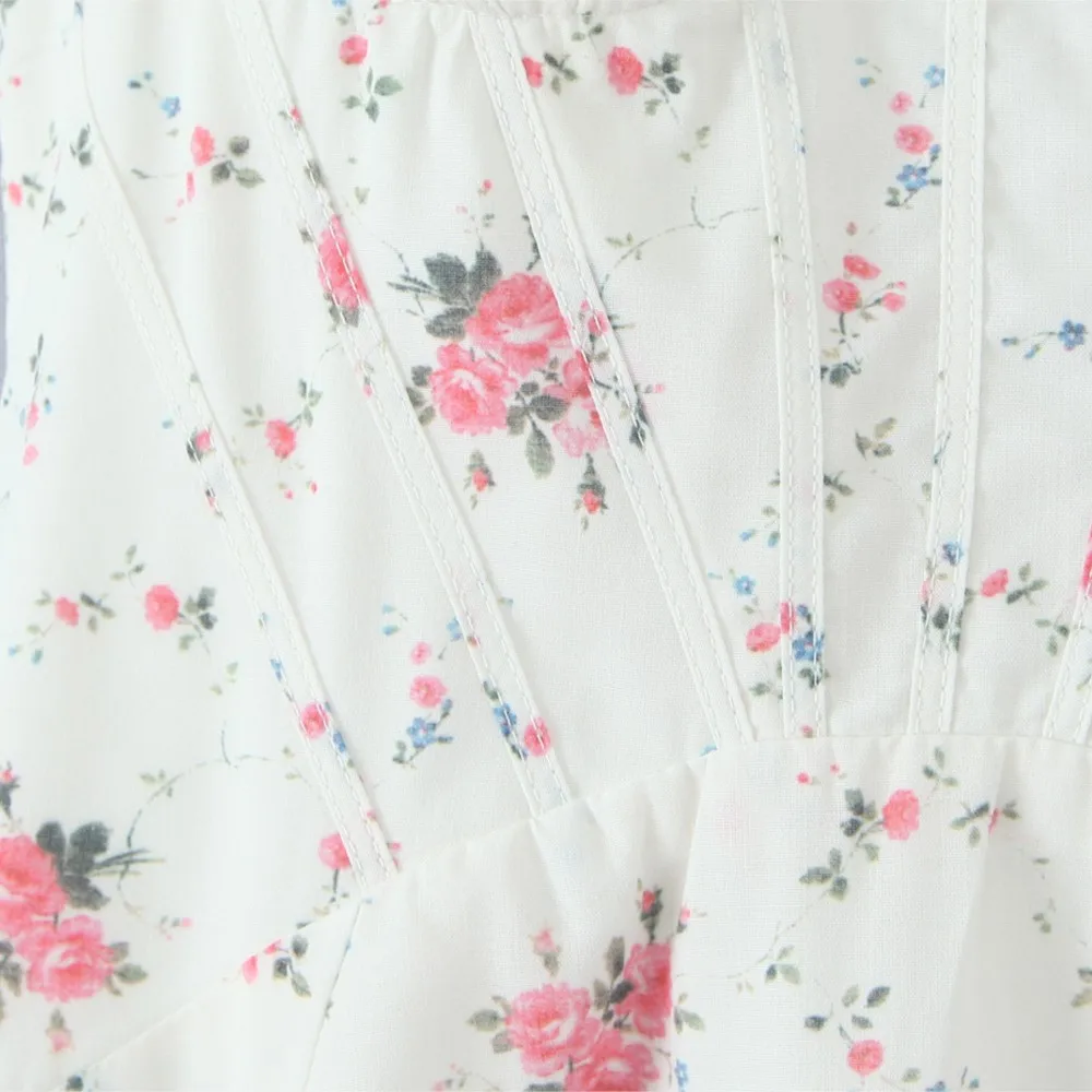 2025 Bloemenprint Gesplitst Kant Draad Beha Corset Stijl Sling Jurk Vrouwen Cross Vetersluiting Terug Lage Taille Swing Midi Jurken Gewaad