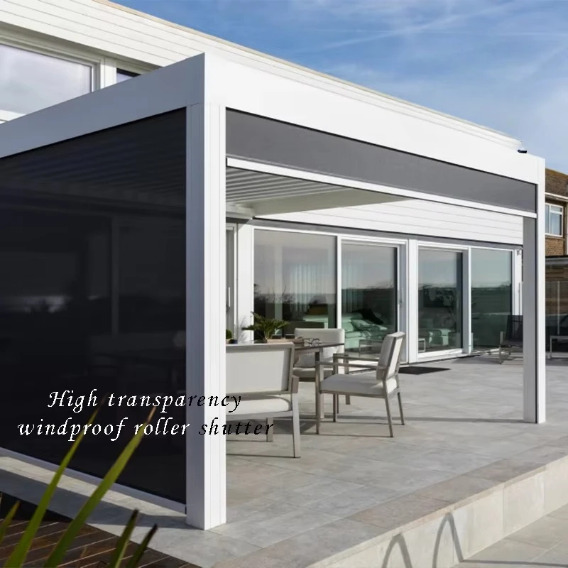 Outdoor Smart  Sunshade Curtains Electric Zip Screen Shades Motorized Windproof  Blinds  Glassfiber Fabric  Shades Blinds