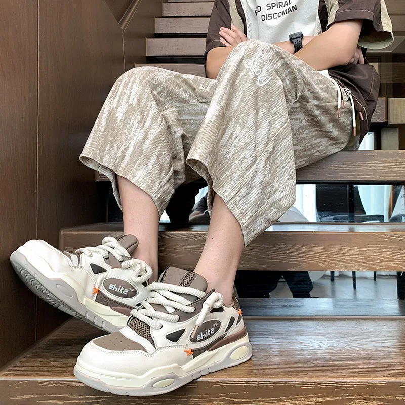 Men Gradient Tie Dye Cropped Harem Pants Embroidery Letter Loose Drawstring Elastic Waist Capri Trousers Baggy Wide Leg Pants