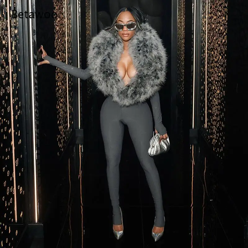 Faux Fur Big Collar Shrug Two Piece Outfit Ribbed Long Sleeve Footed Jumpsuit Women Night Club Matching Set