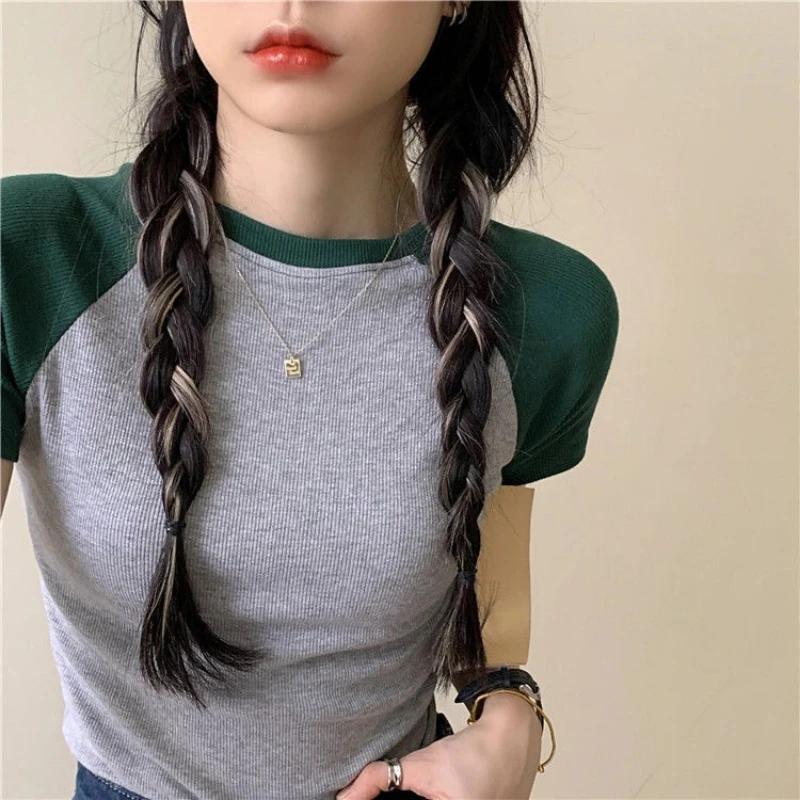 Slim Patchwork Contrast Casual T Shirts Women Clothing New Summer New Sweet Short Sleeve Short Korean Tops Tees Fashion Trend